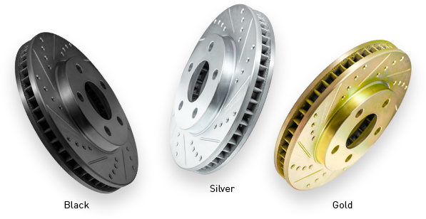 eLINE Series Brake Rotors in black, silver and gold.