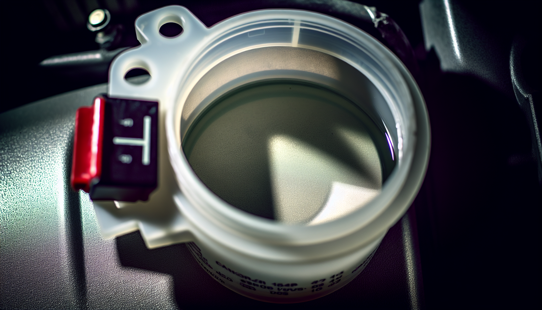 Close-up of brake fluid reservoir with fluid level indicator