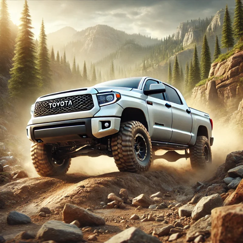 lifted Toyota Tundra with offroad tires, offroading through rugged terrain