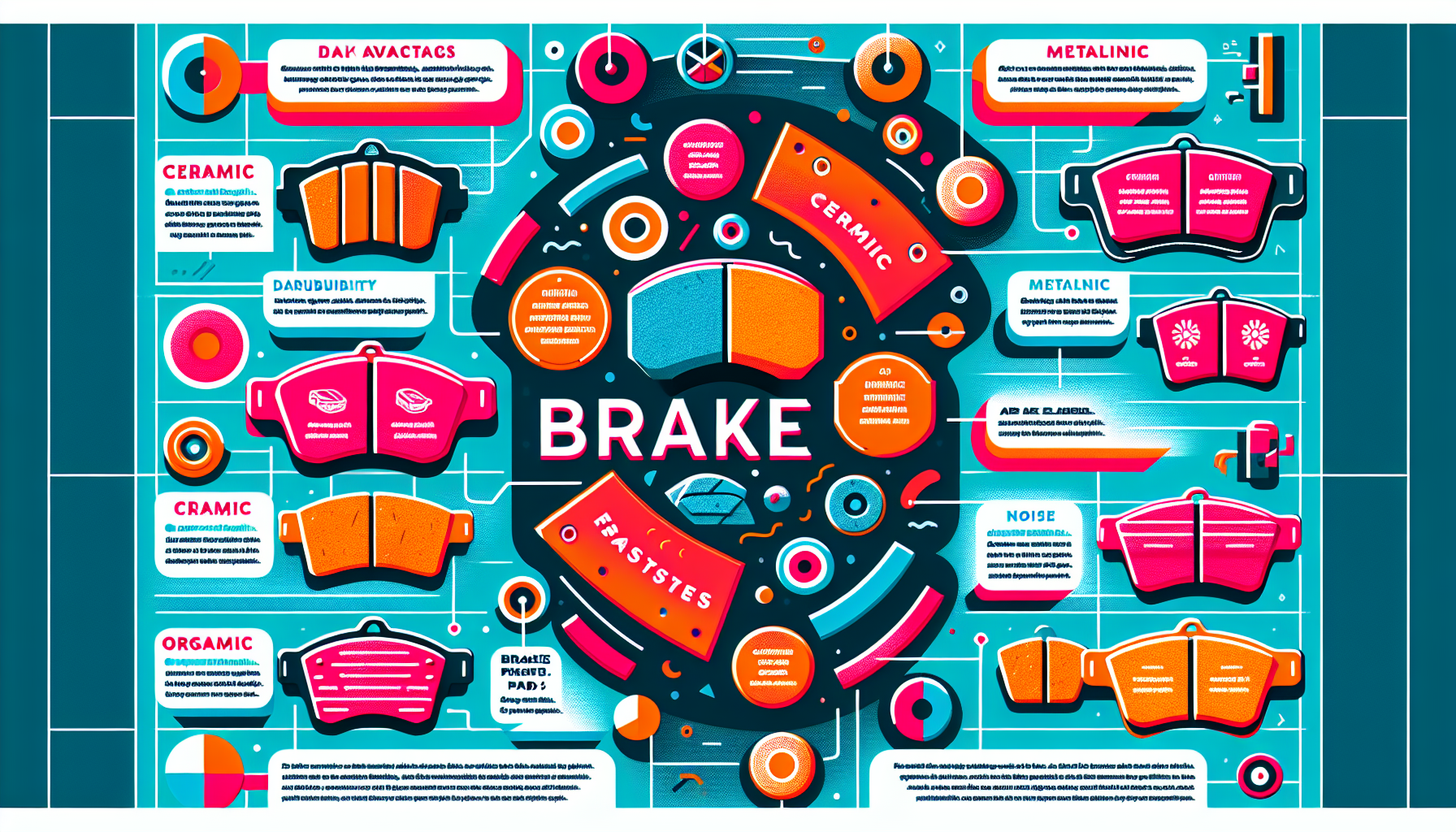 Pros and cons of different brake pad types illustrated.